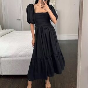 Abercrombie Emerson Midi Dress Puff Sleeves Black